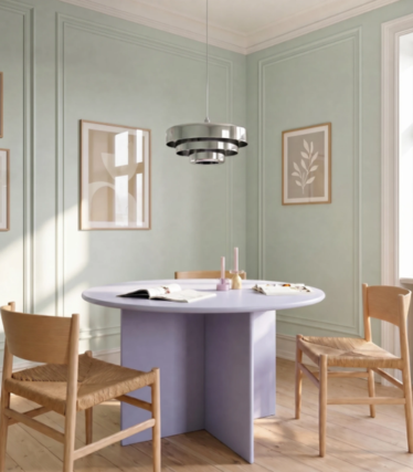 Masă rotundă mov de dining cu bază triunghiulară sub o lampă suspendată argintie pe mai multe niveluri, într-o cameră verde pastel.