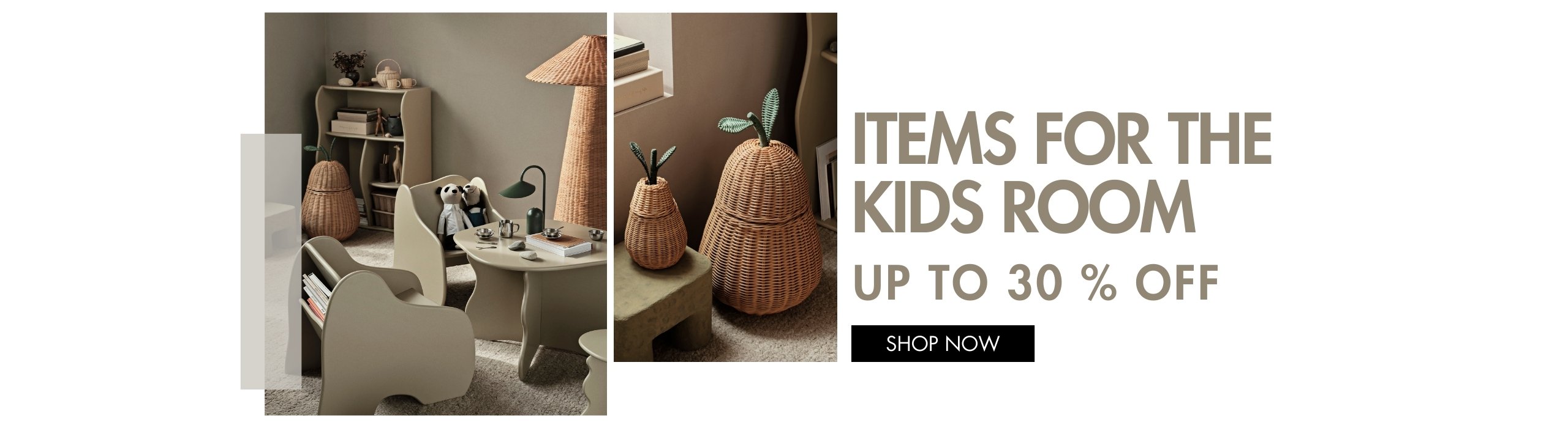 Furnished childrens room with rattan home accessories