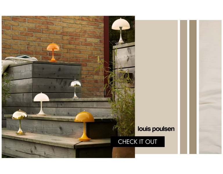 Portable Louis Poulsen lamps place on patio stairs