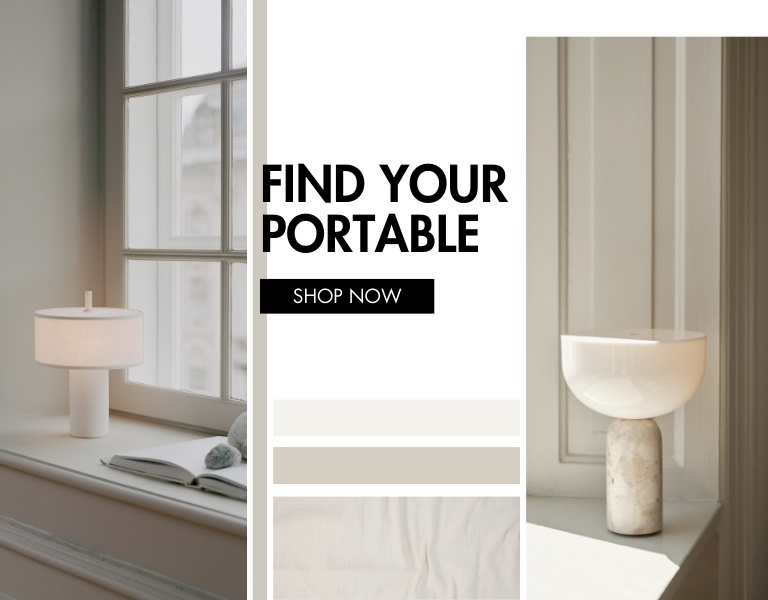 White portable New Works lamps place in the window