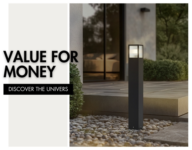 Black standing outdoor lamp placed in front of the house