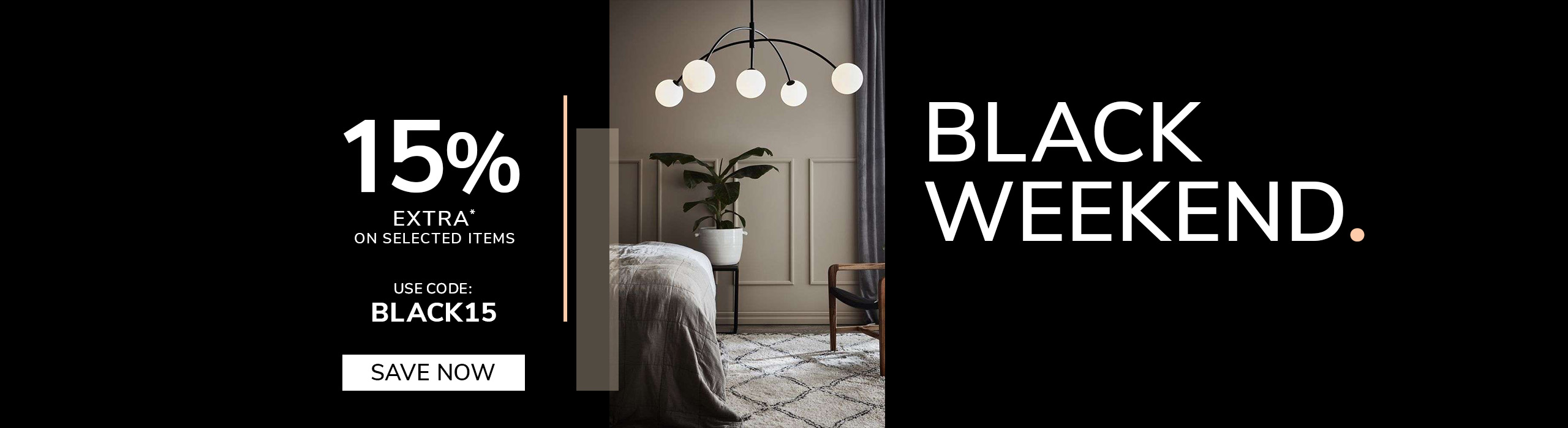 Save now A modern interior scene featuring a decorative wooden floor lamp glowing warmly beside a beige sofa. On the right, bold promotional text reads “Black Savings. Now 13% Extra on Selected Items. Use code: BLACK13,” with a button saying “Save Now.” The design